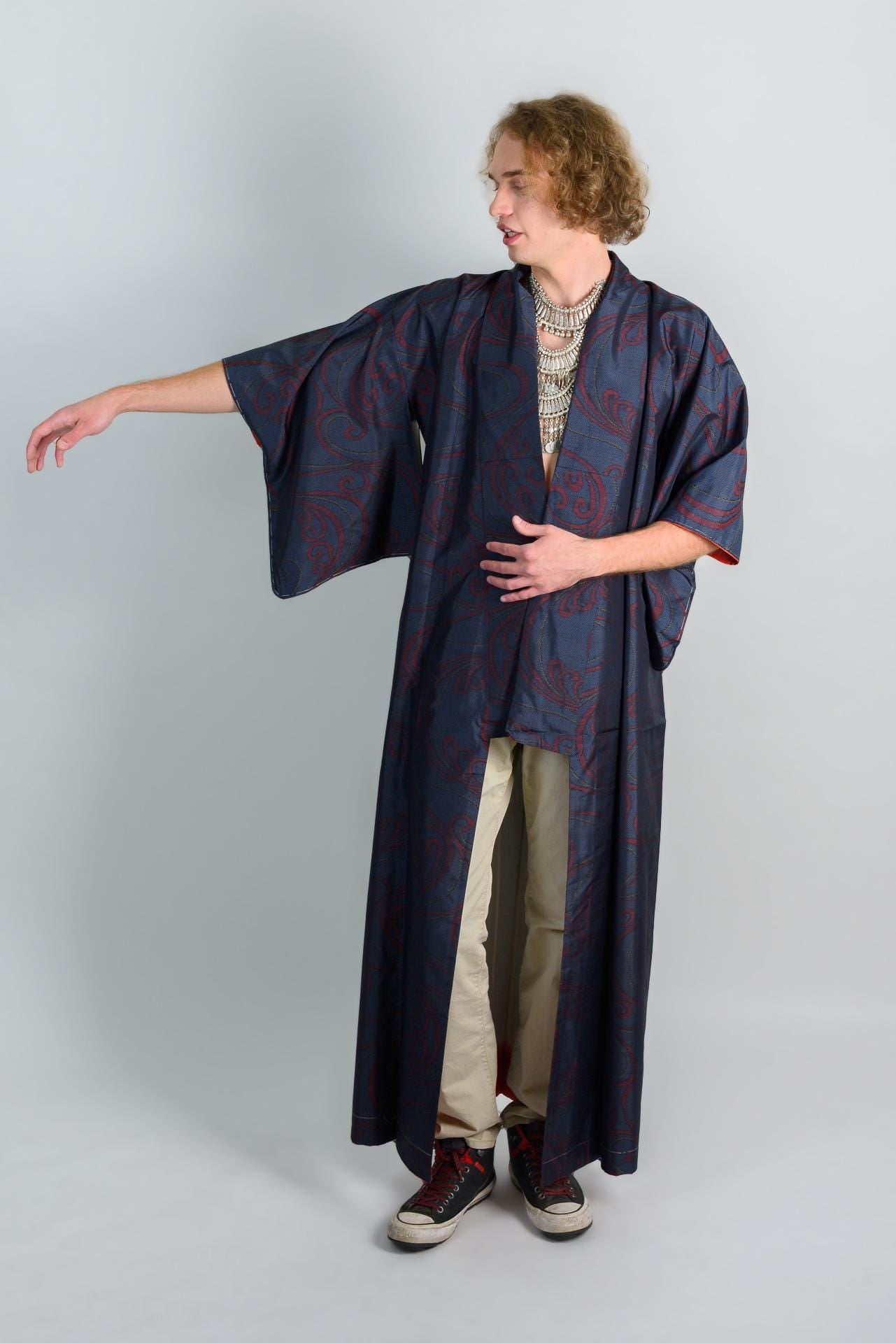 Handmade Japanese Kimono Robe: Navy Red Wave Print, Boho Festival Wear