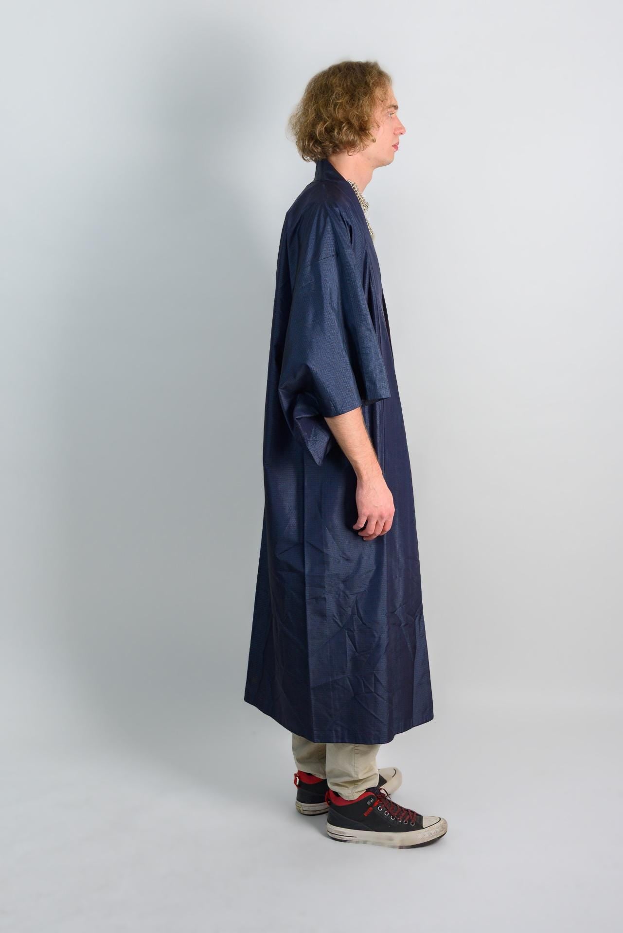 Handmade Japanese Kimono Robe: Navy Microcheck Boho Darkwear