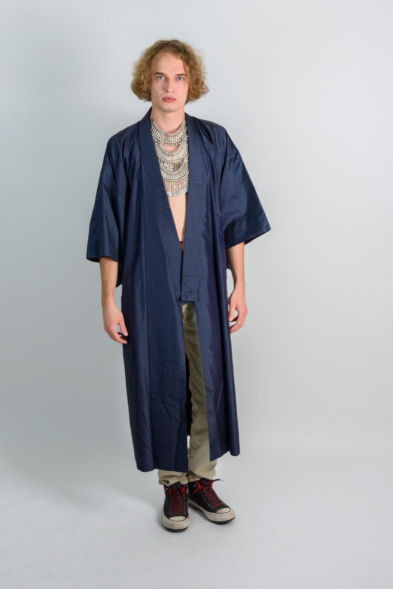Handmade Japanese Kimono Robe: Navy Microcheck Boho Darkwear