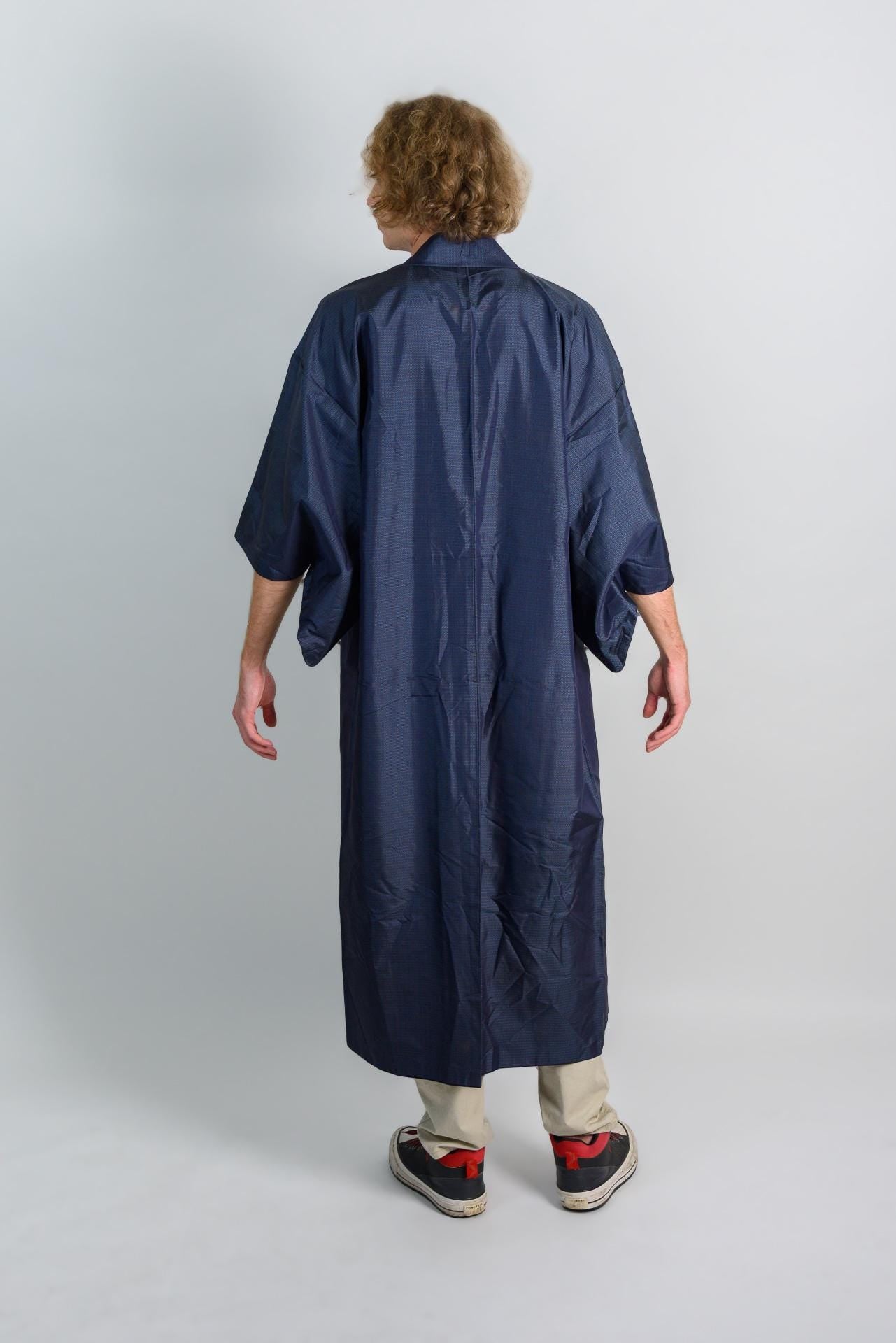 Handmade Japanese Kimono Robe: Navy Microcheck Boho Darkwear