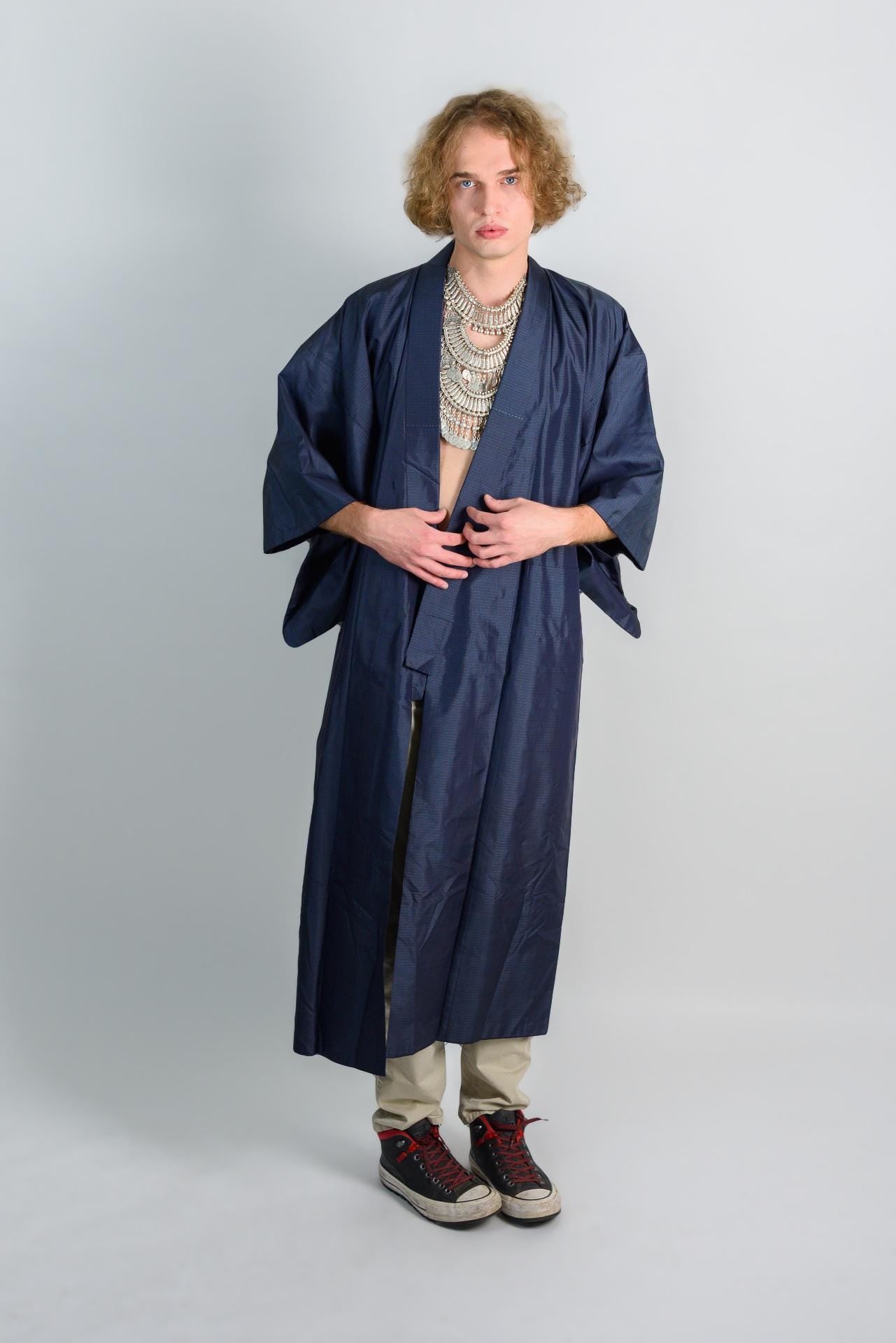 Handmade Japanese Kimono Robe: Navy Microcheck Boho Darkwear