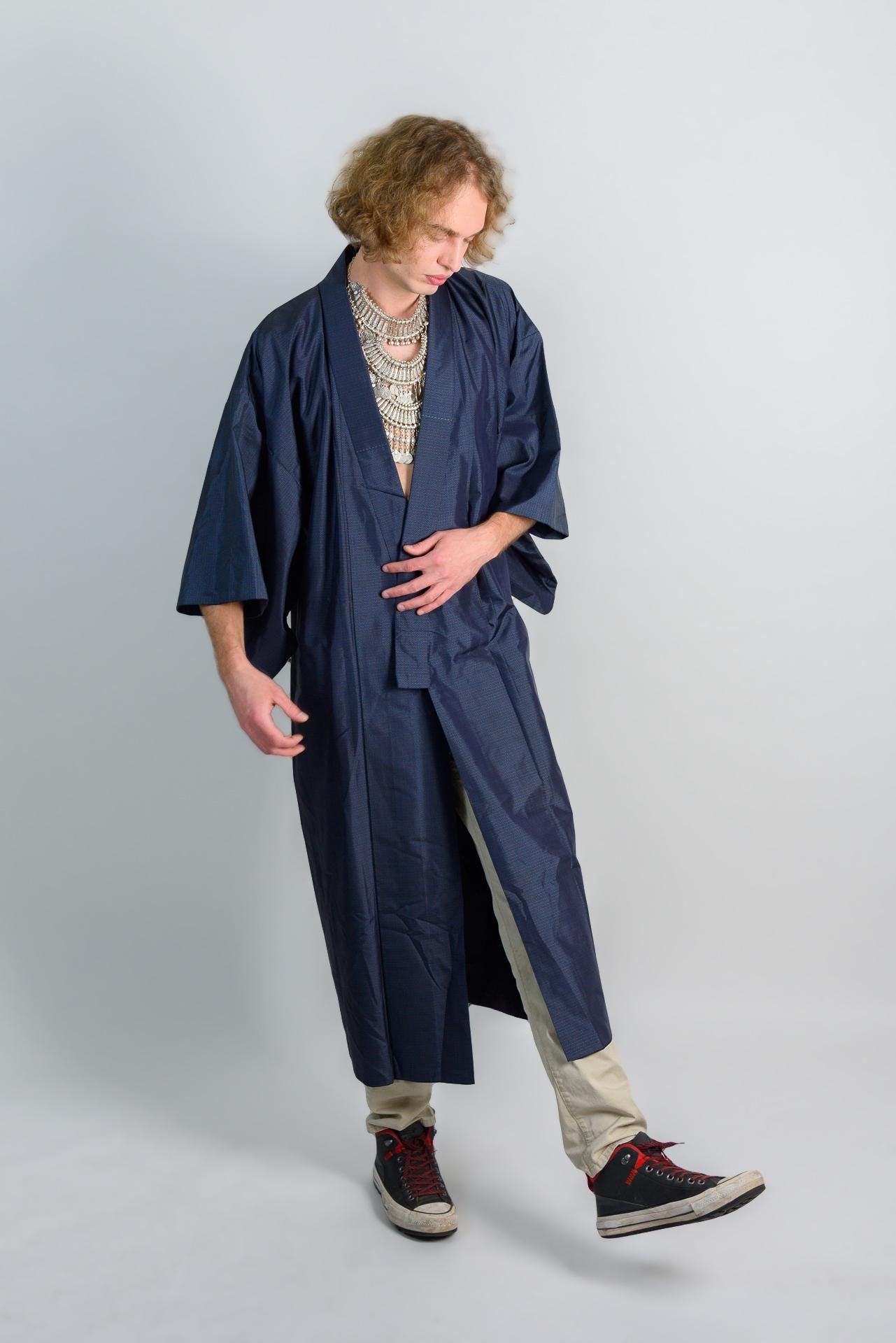 Handmade Japanese Kimono Robe: Navy Microcheck Boho Darkwear