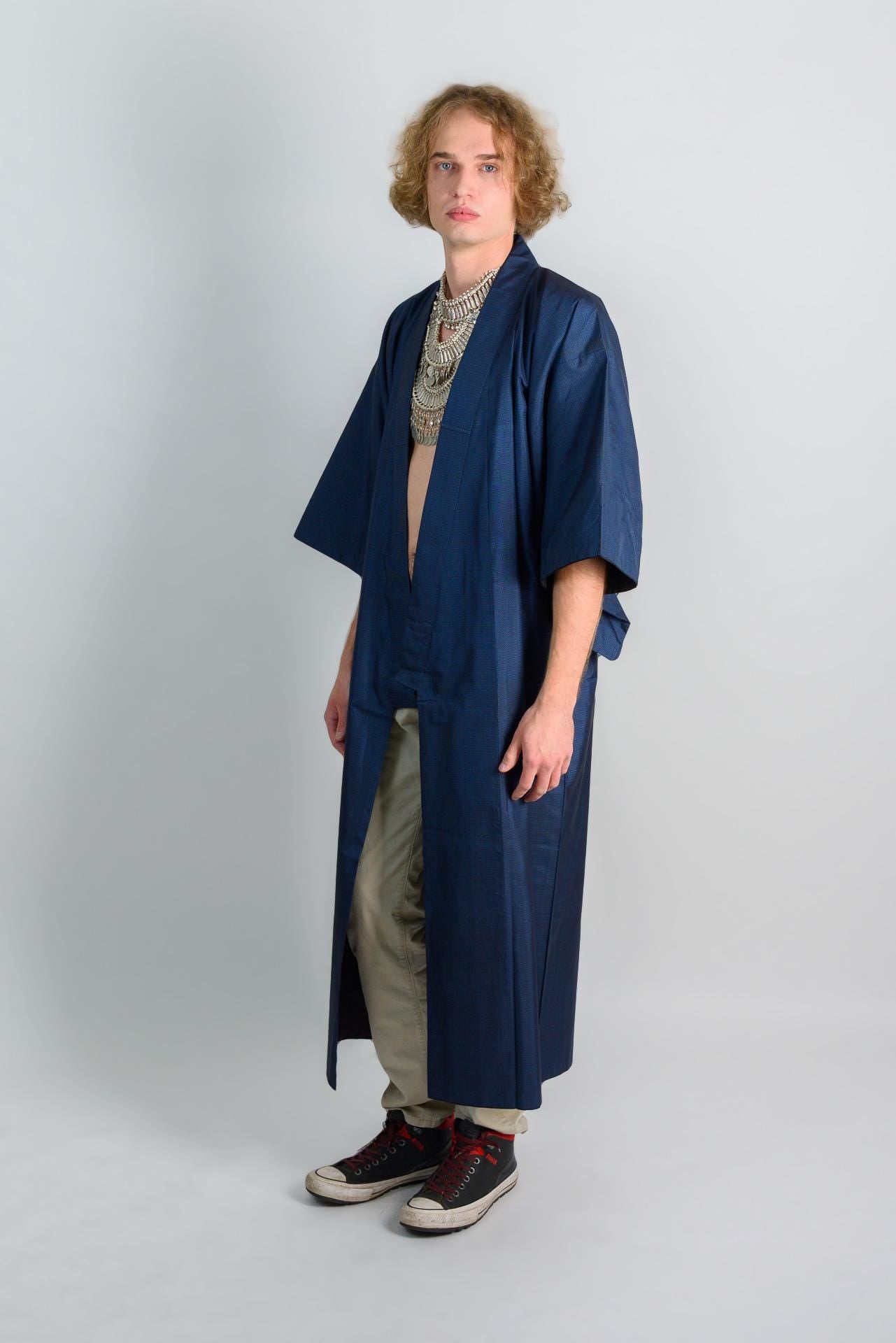 Handmade Indigo Kimono Robe: Japanese Minimalist Darkwear