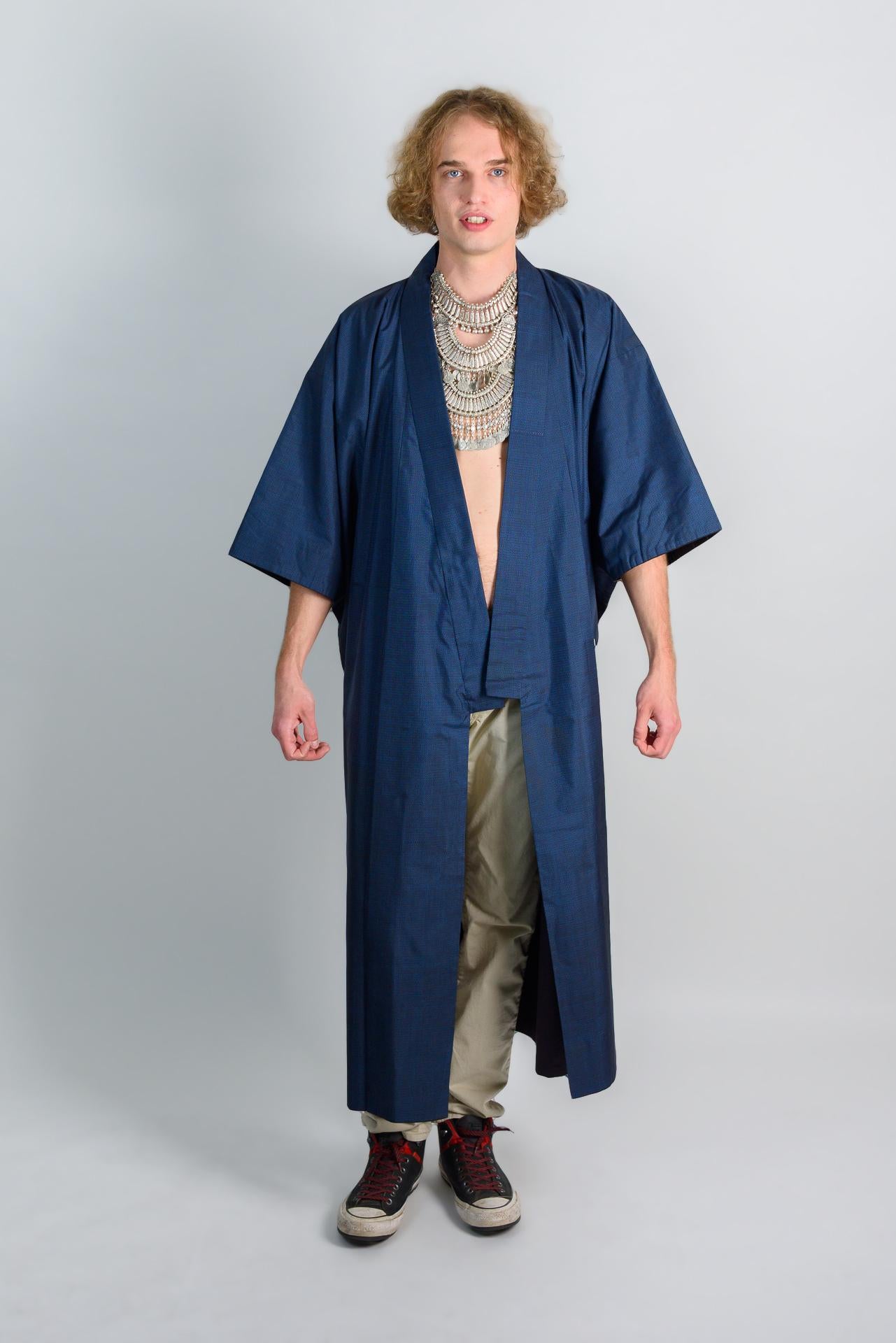Handmade Indigo Kimono Robe: Japanese Minimalist Darkwear