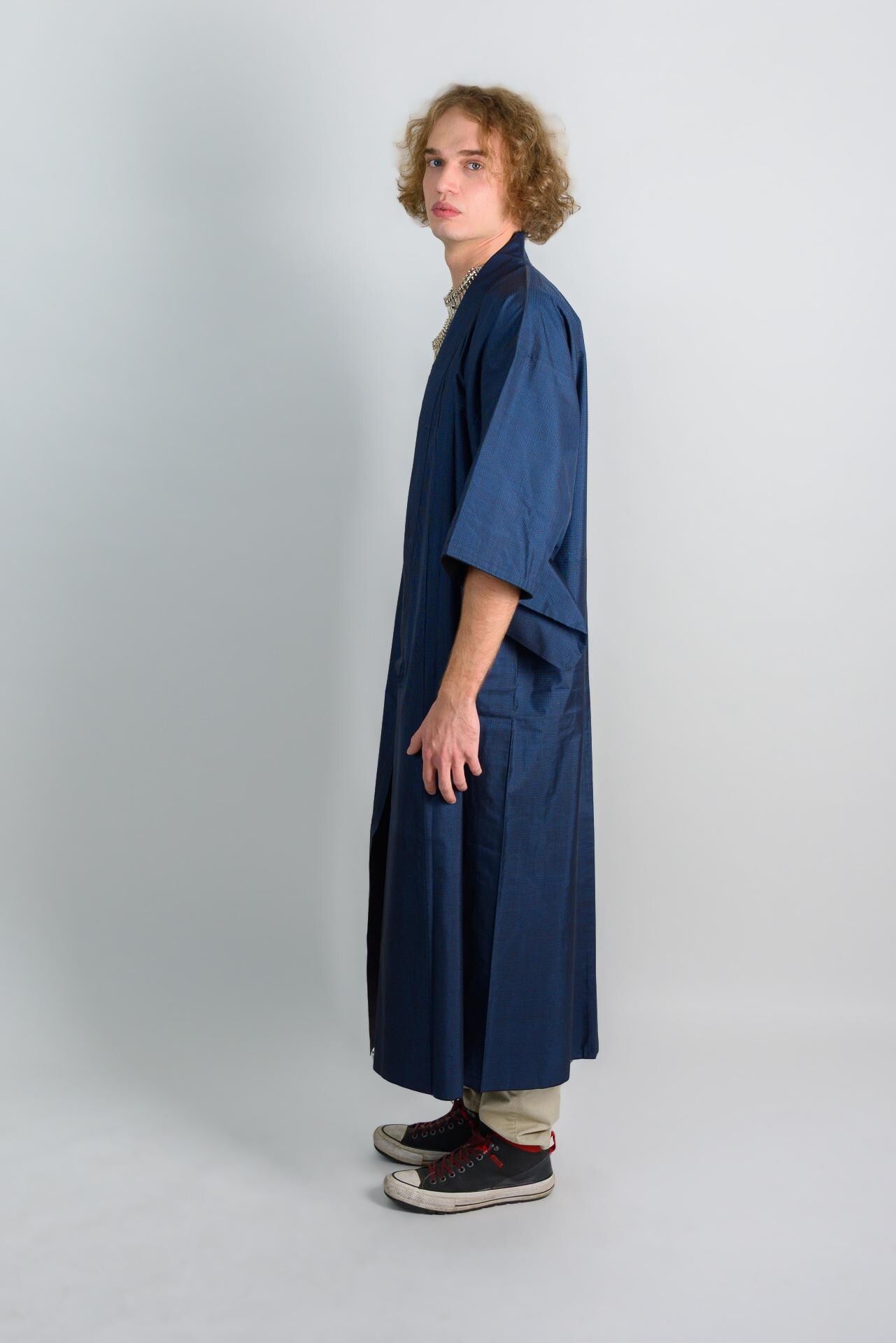 Handmade Indigo Kimono Robe: Japanese Minimalist Darkwear