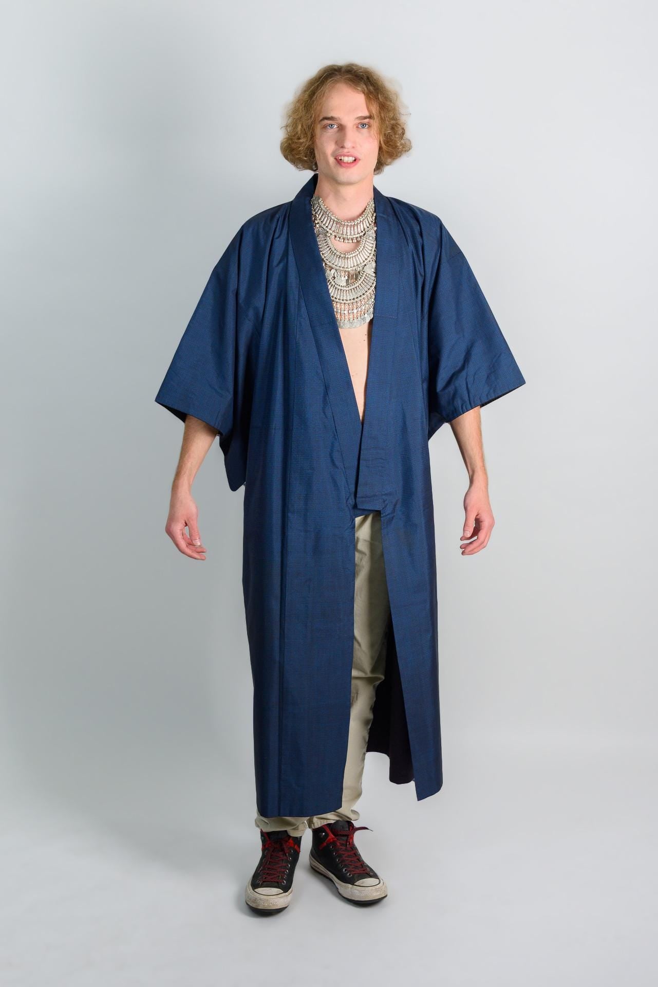 Handmade Indigo Kimono Robe: Japanese Minimalist Darkwear