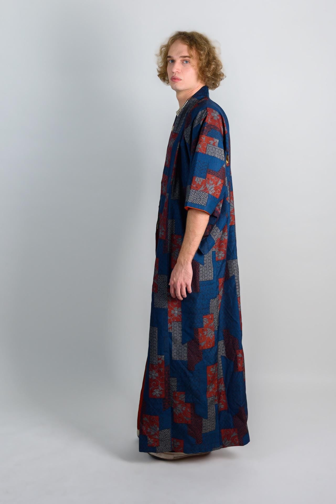 Handmade Japanese Kimono Robe: Indigo Block Print Boho Festival Wear
