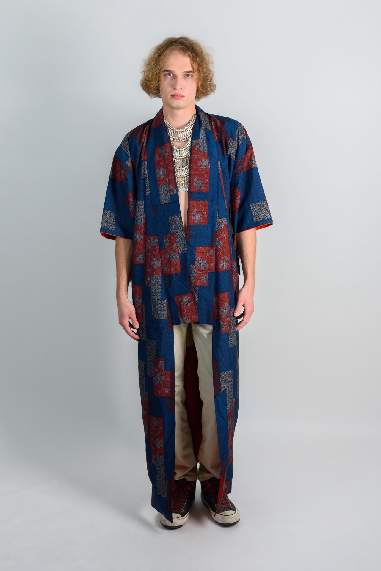 Handmade Japanese Kimono Robe: Indigo Block Print Boho Festival Wear