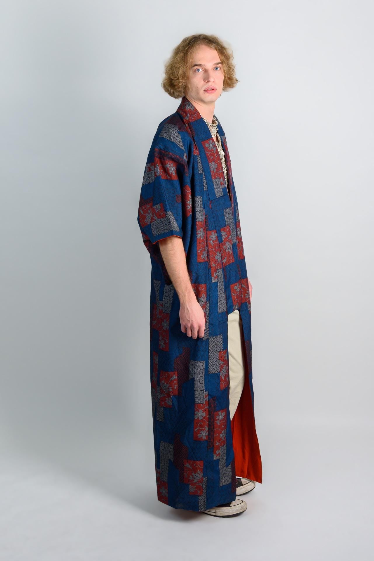 Handmade Japanese Kimono Robe: Indigo Block Print Boho Festival Wear