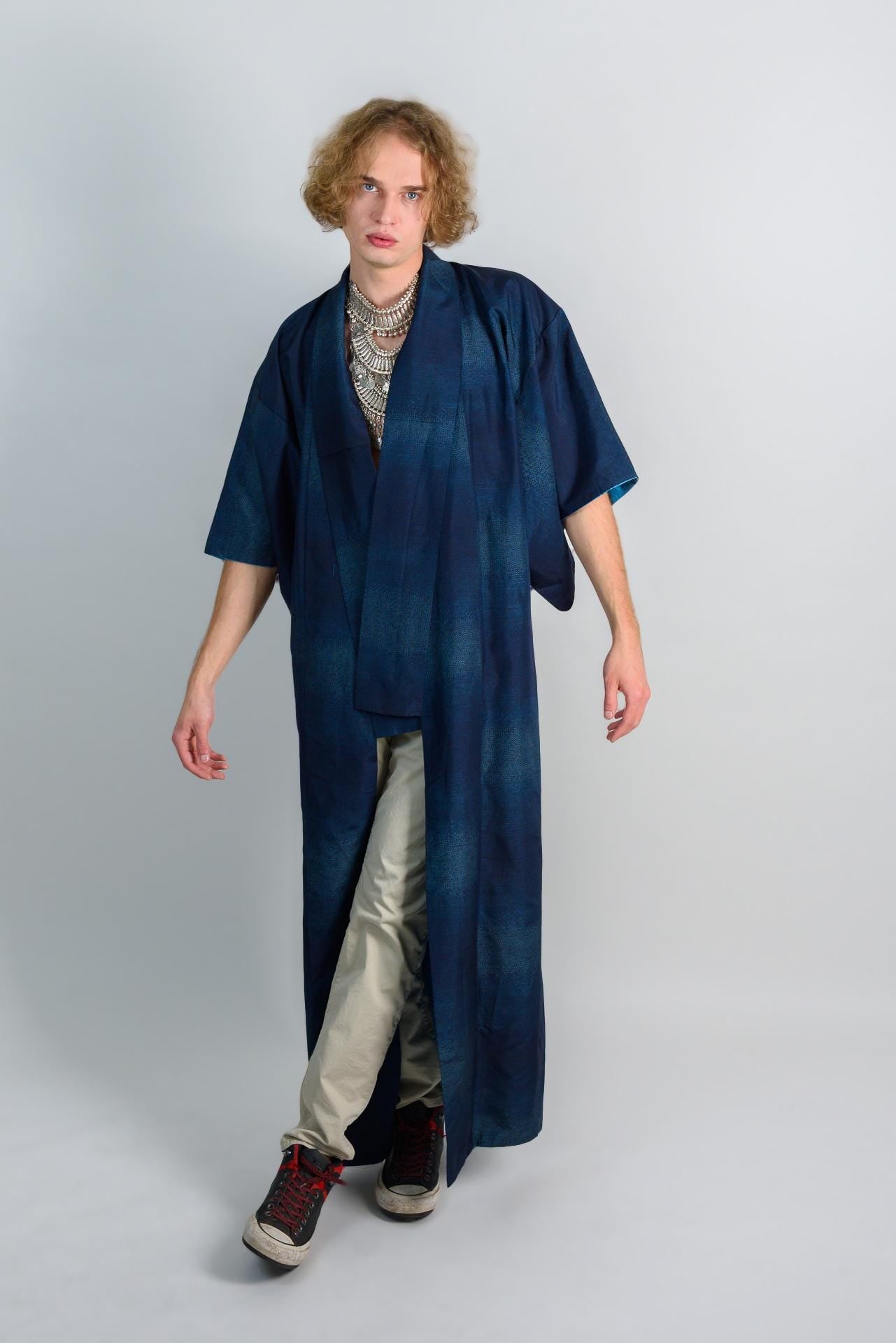 Handmade Indigo Mens Kimono Robe | Japanese Boho Festival Outfit