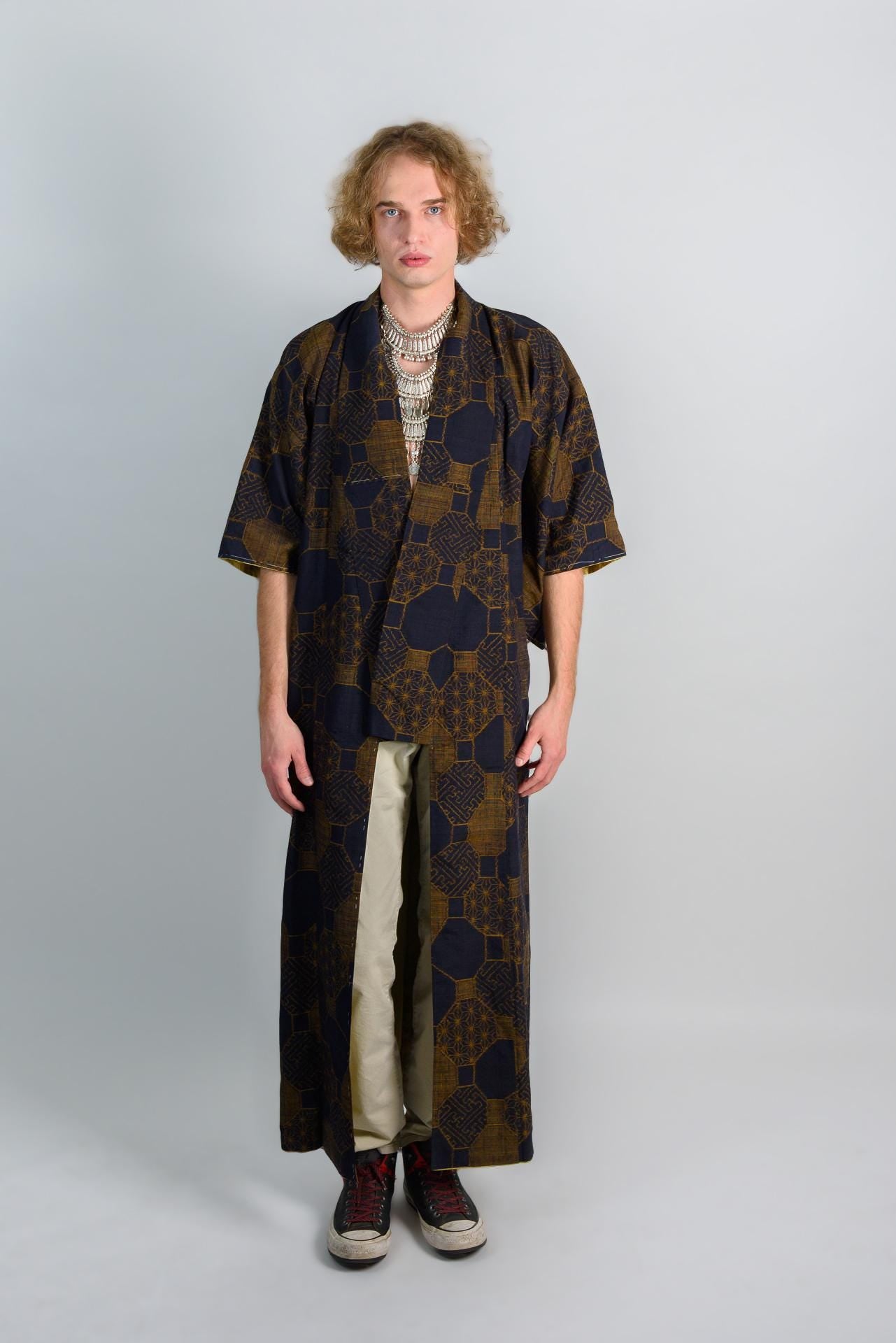 Indigo Bronze Haori Jacket | Japanese Vintage Kimono | Unisex Boho Festival Coat | Geometric Print M28