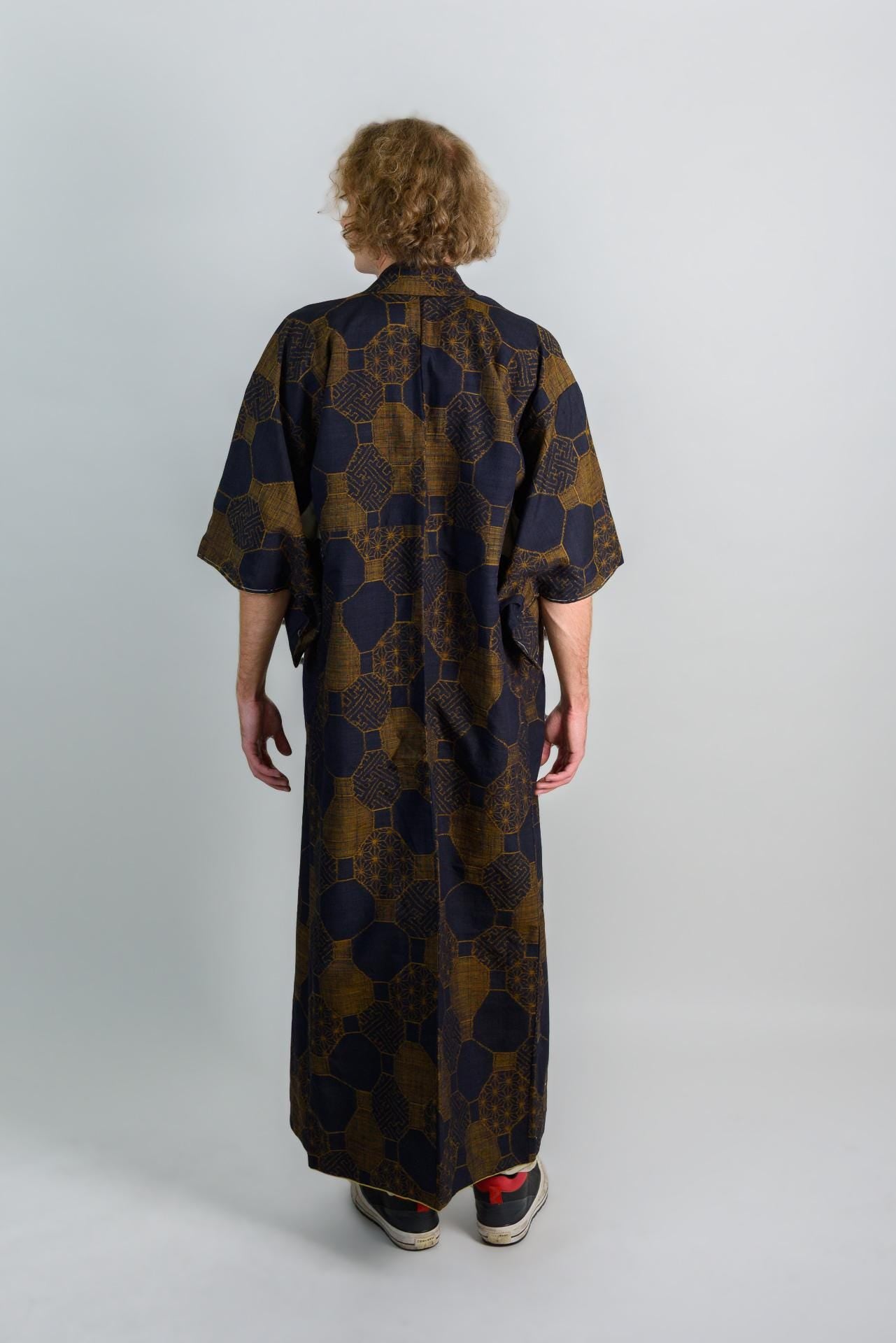 Indigo Bronze Haori Jacket | Japanese Vintage Kimono | Unisex Boho Festival Coat | Geometric Print M28
