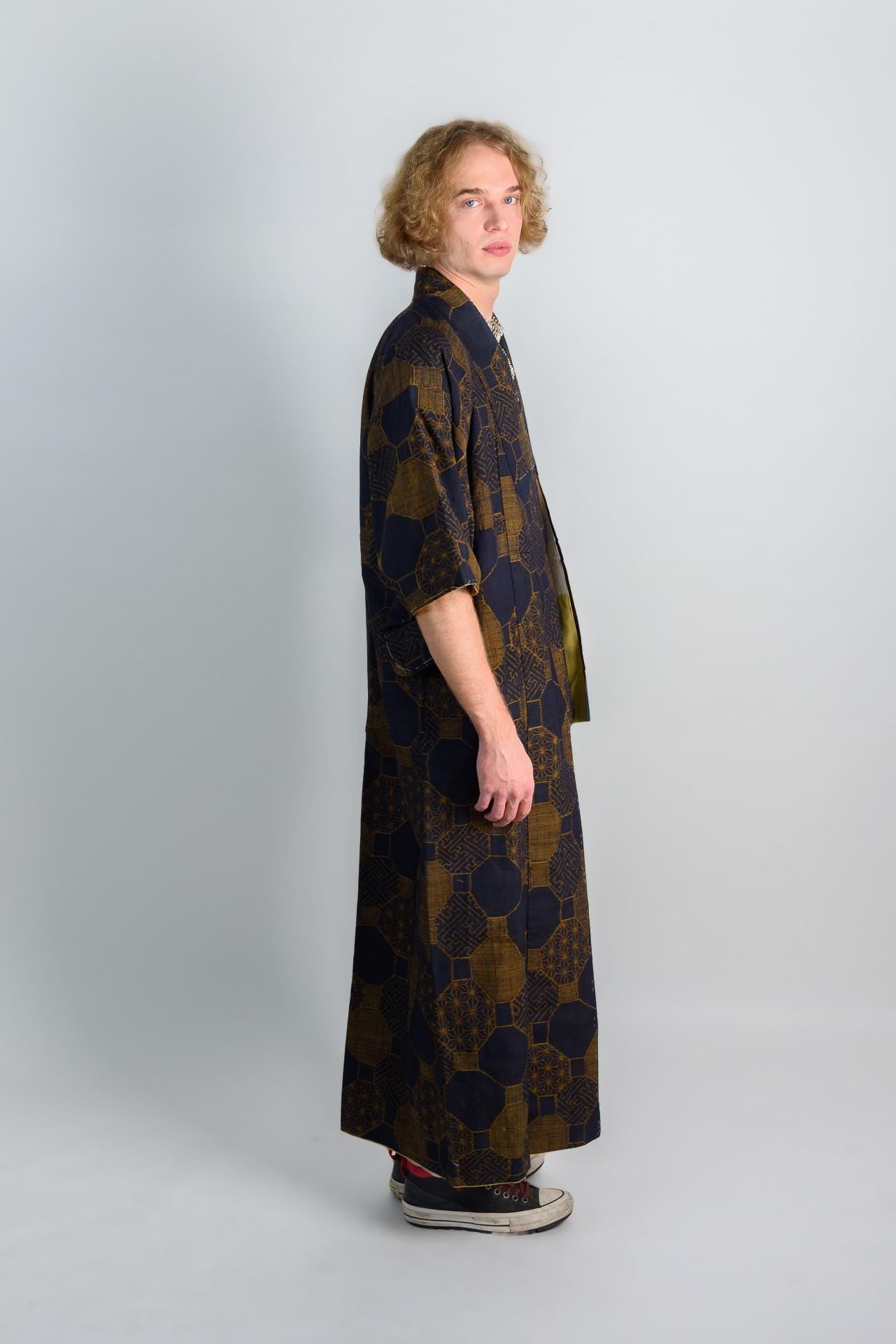 Indigo Bronze Haori Jacket | Japanese Vintage Kimono | Unisex Boho Festival Coat | Geometric Print M28