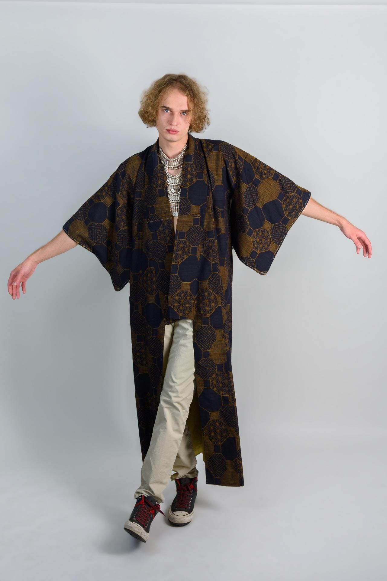 Indigo Bronze Haori Jacket | Japanese Vintage Kimono | Unisex Boho Festival Coat | Geometric Print M28