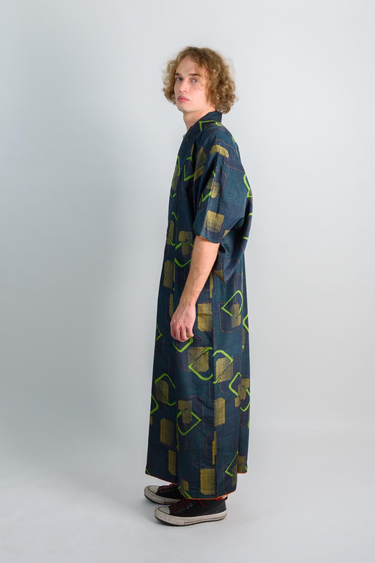 Geometric Print Kimono Robe: Japanese Streetwear, Handmade in Japan