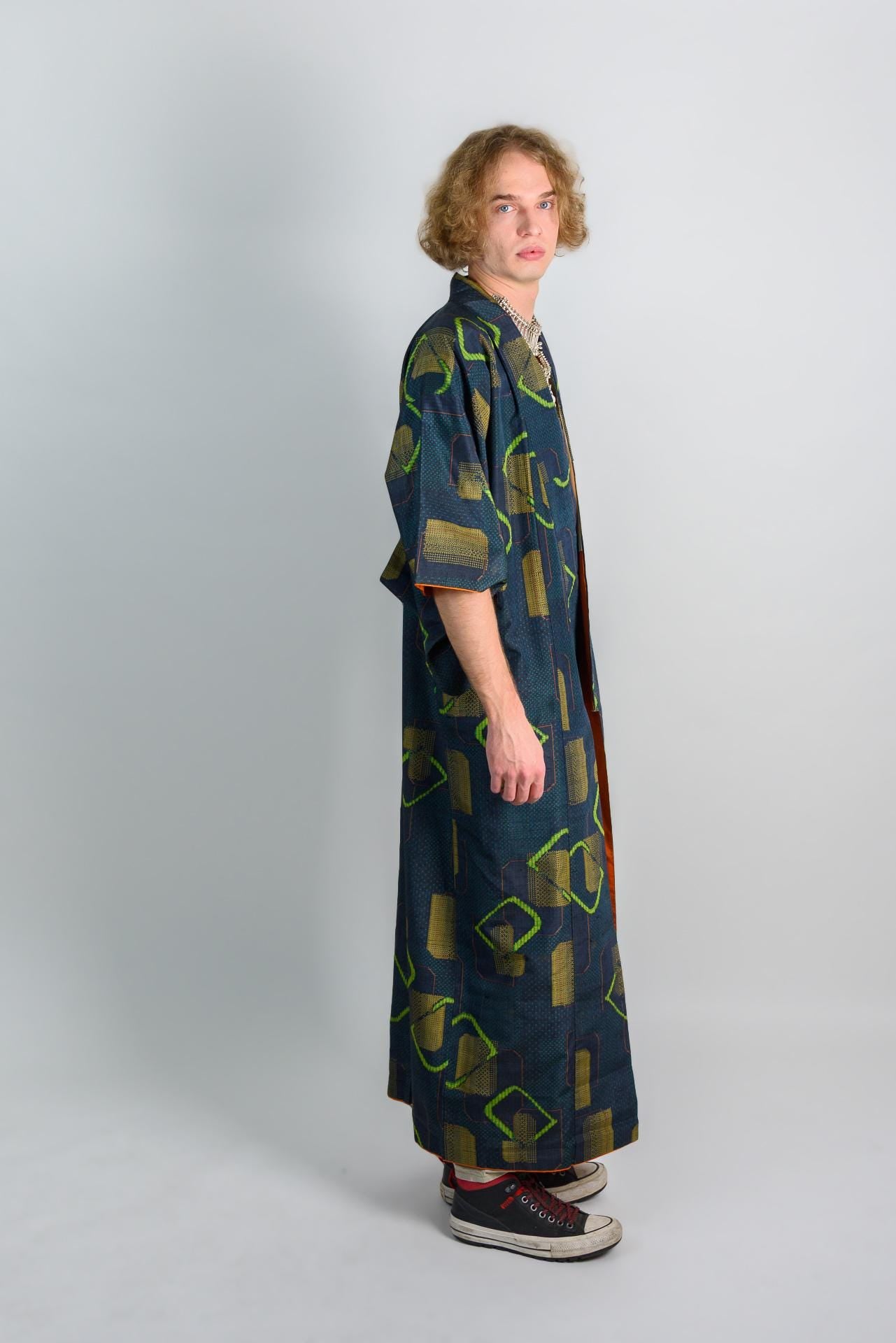 Geometric Print Kimono Robe: Japanese Streetwear, Handmade in Japan