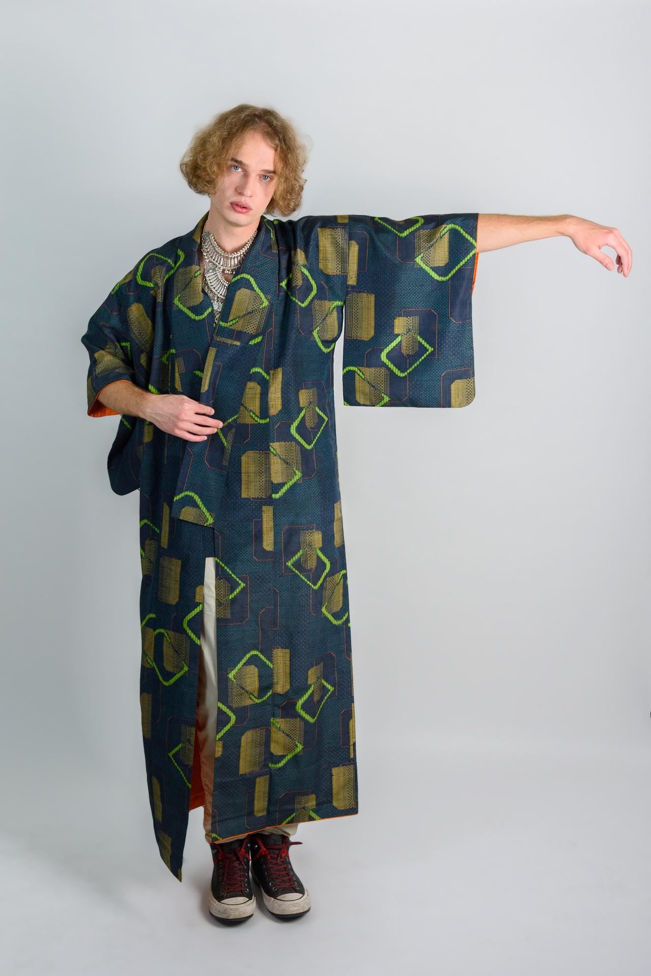 Geometric Print Kimono Robe: Japanese Streetwear, Handmade in Japan