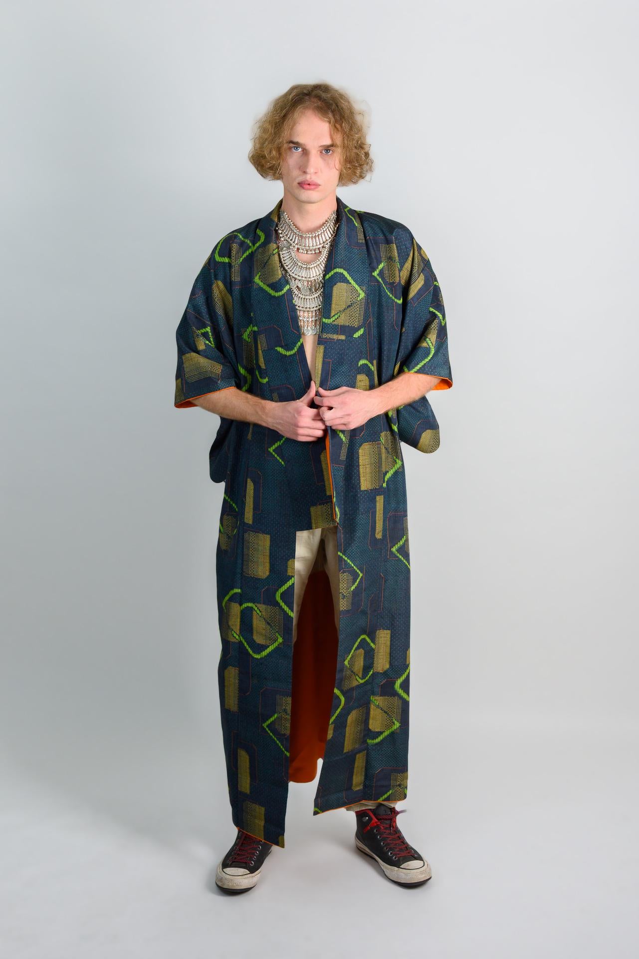Geometric Print Kimono Robe: Japanese Streetwear, Handmade in Japan