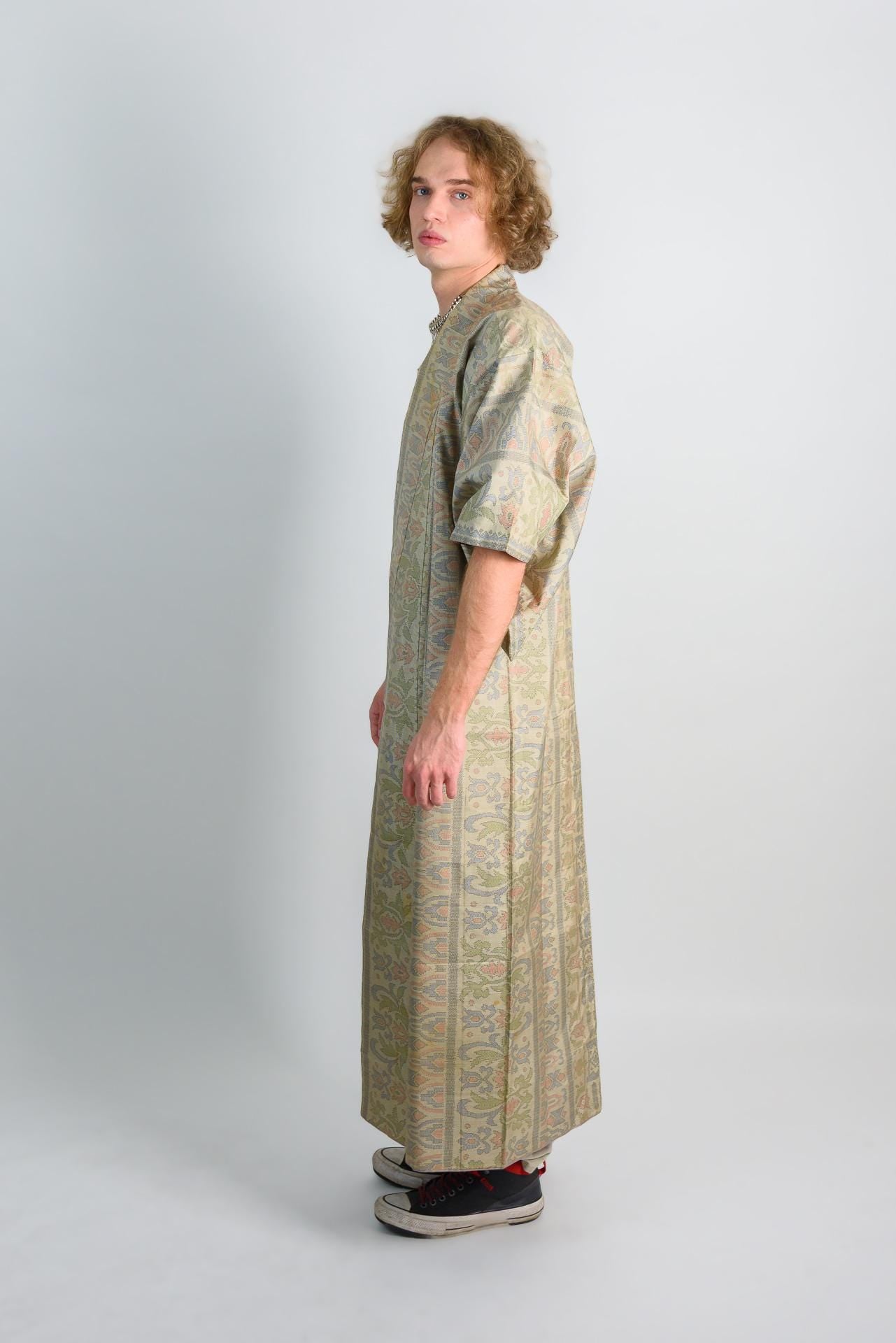 Damask Mens Kimono | Japanese Boho Robe, Earth Tones