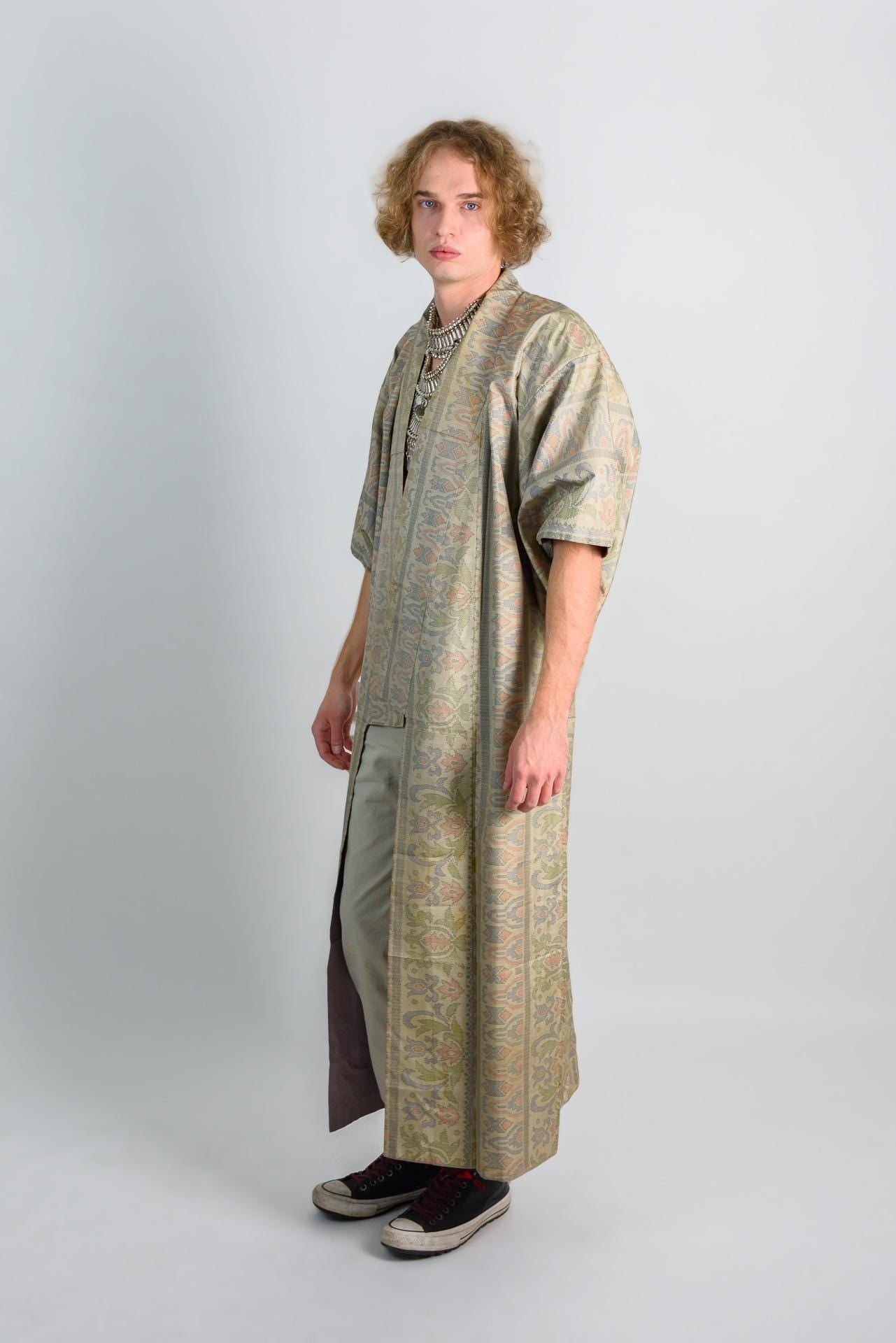 Damask Mens Kimono | Japanese Boho Robe, Earth Tones