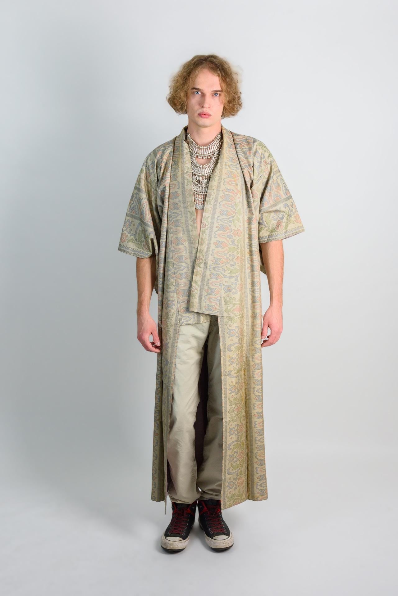 Damask Mens Kimono | Japanese Boho Robe, Earth Tones