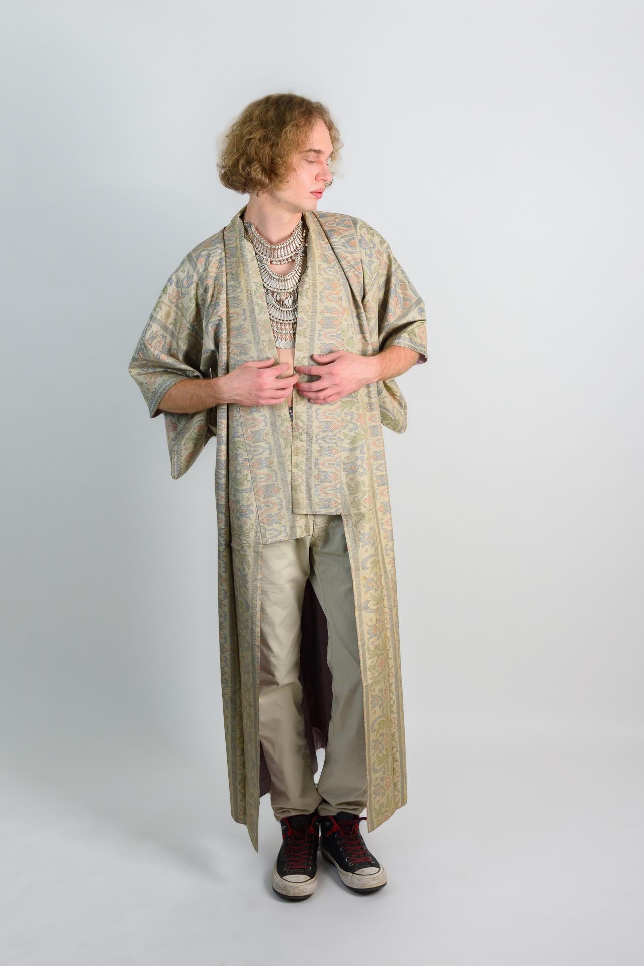 Damask Mens Kimono | Japanese Boho Robe, Earth Tones