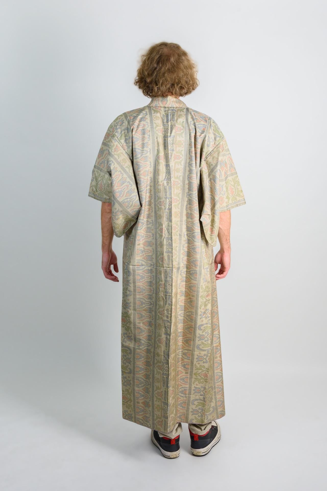 Damask Mens Kimono | Japanese Boho Robe, Earth Tones