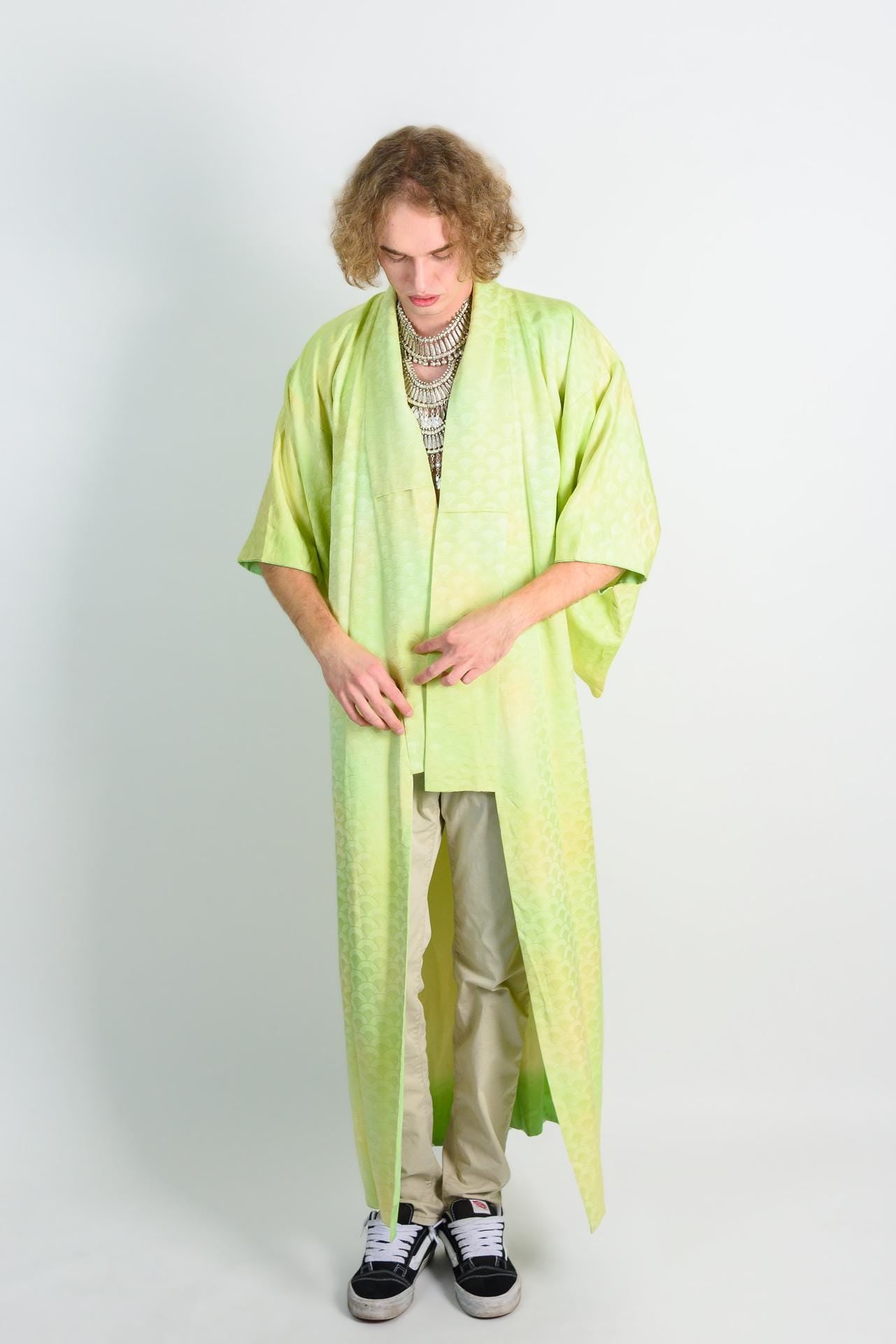 Handmade Silk Kimono Robe | Lime Green Wave Print, Japanese Boho Fashion