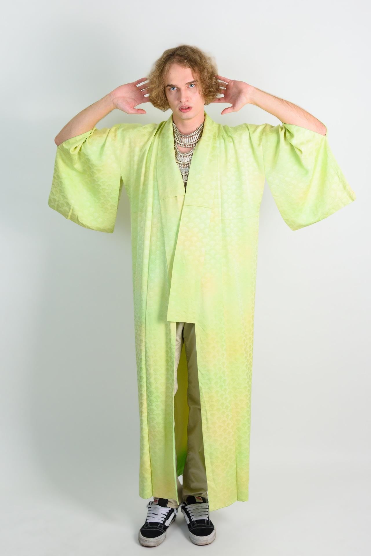Handmade Silk Kimono Robe | Lime Green Wave Print, Japanese Boho Fashion