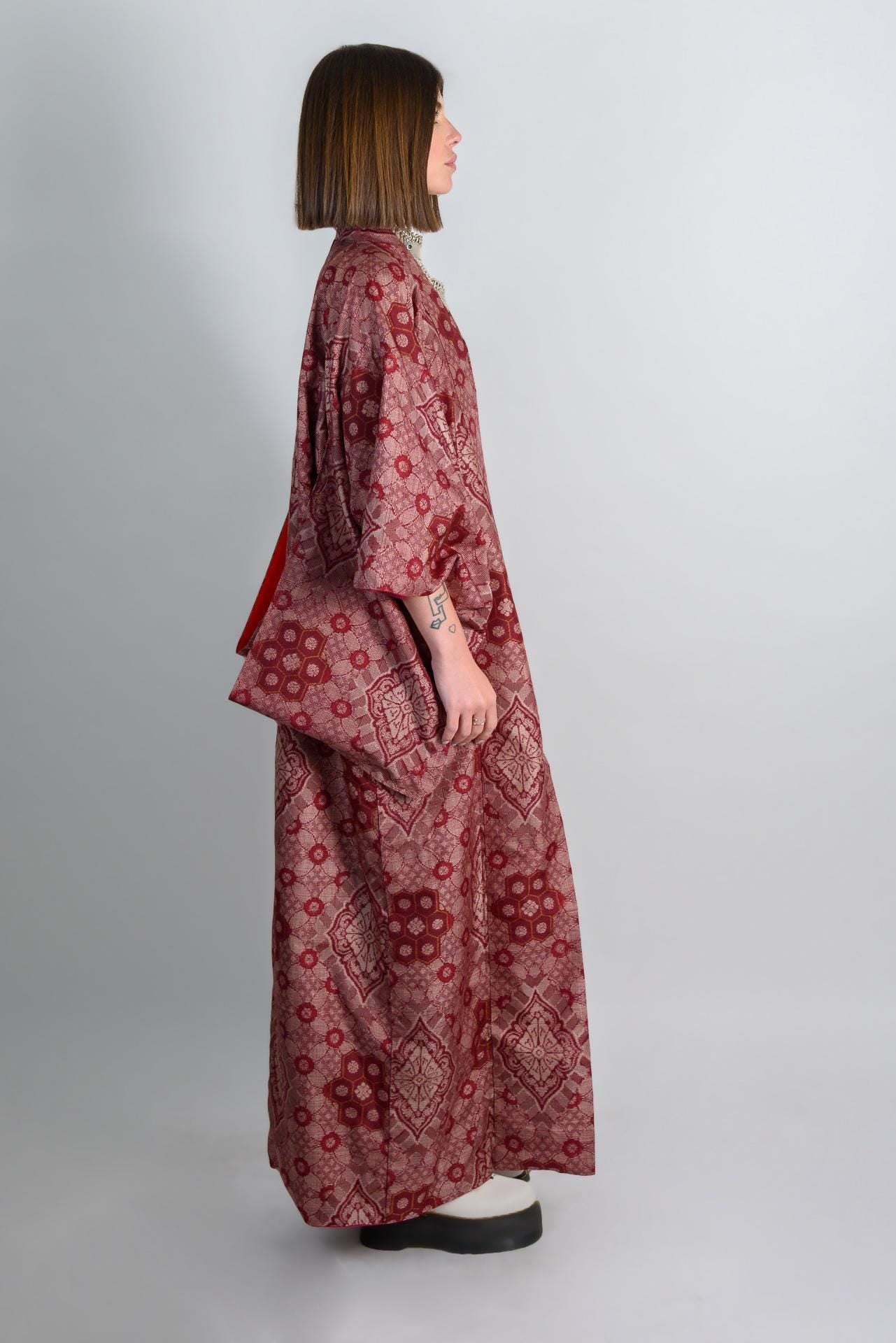 Handmade Crimson Silk Kimono: Japanese Boho Robe