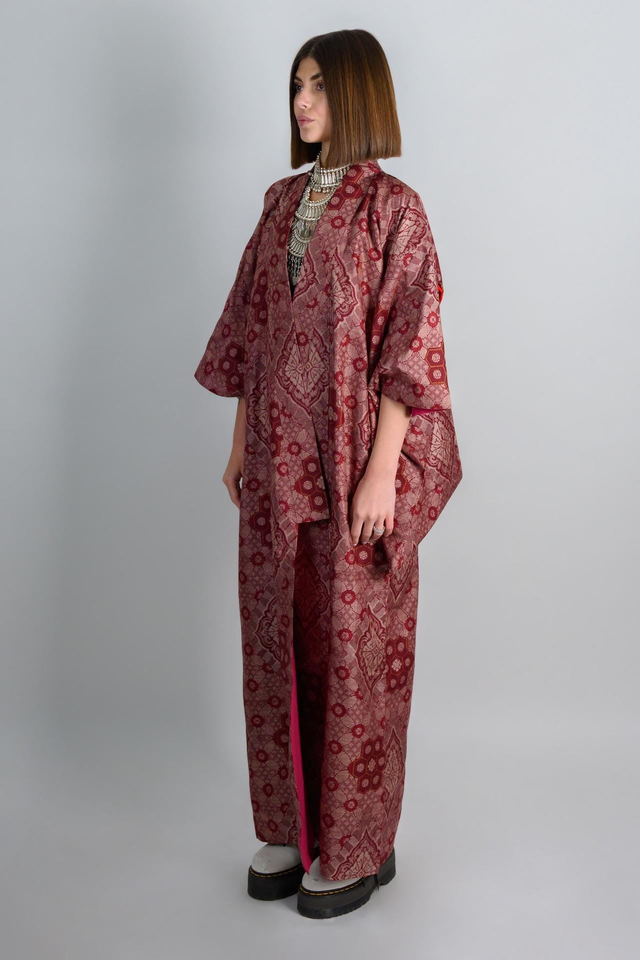 Handmade Crimson Silk Kimono: Japanese Boho Robe