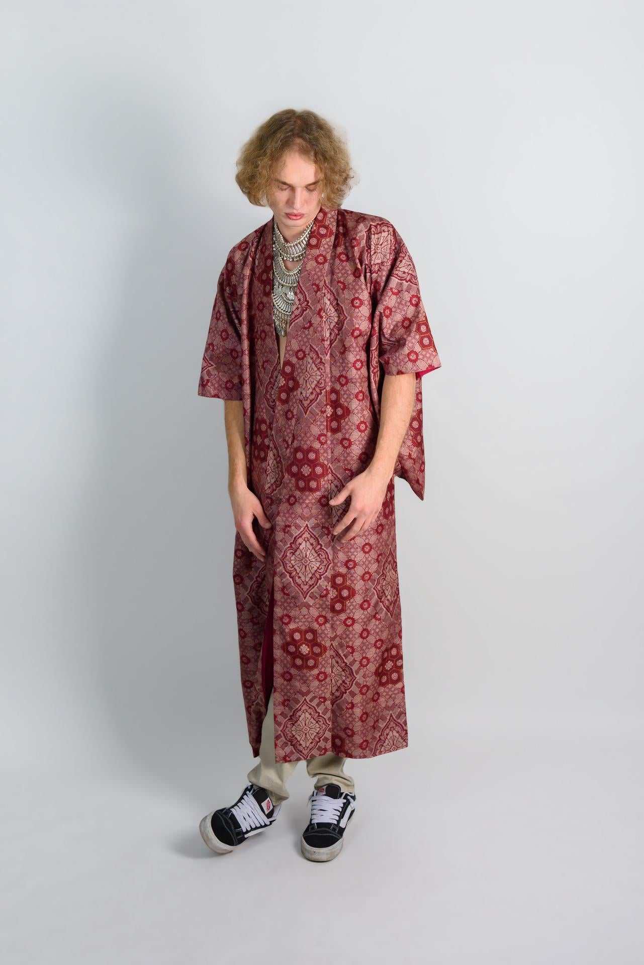 Handmade Crimson Silk Kimono: Japanese Boho Robe
