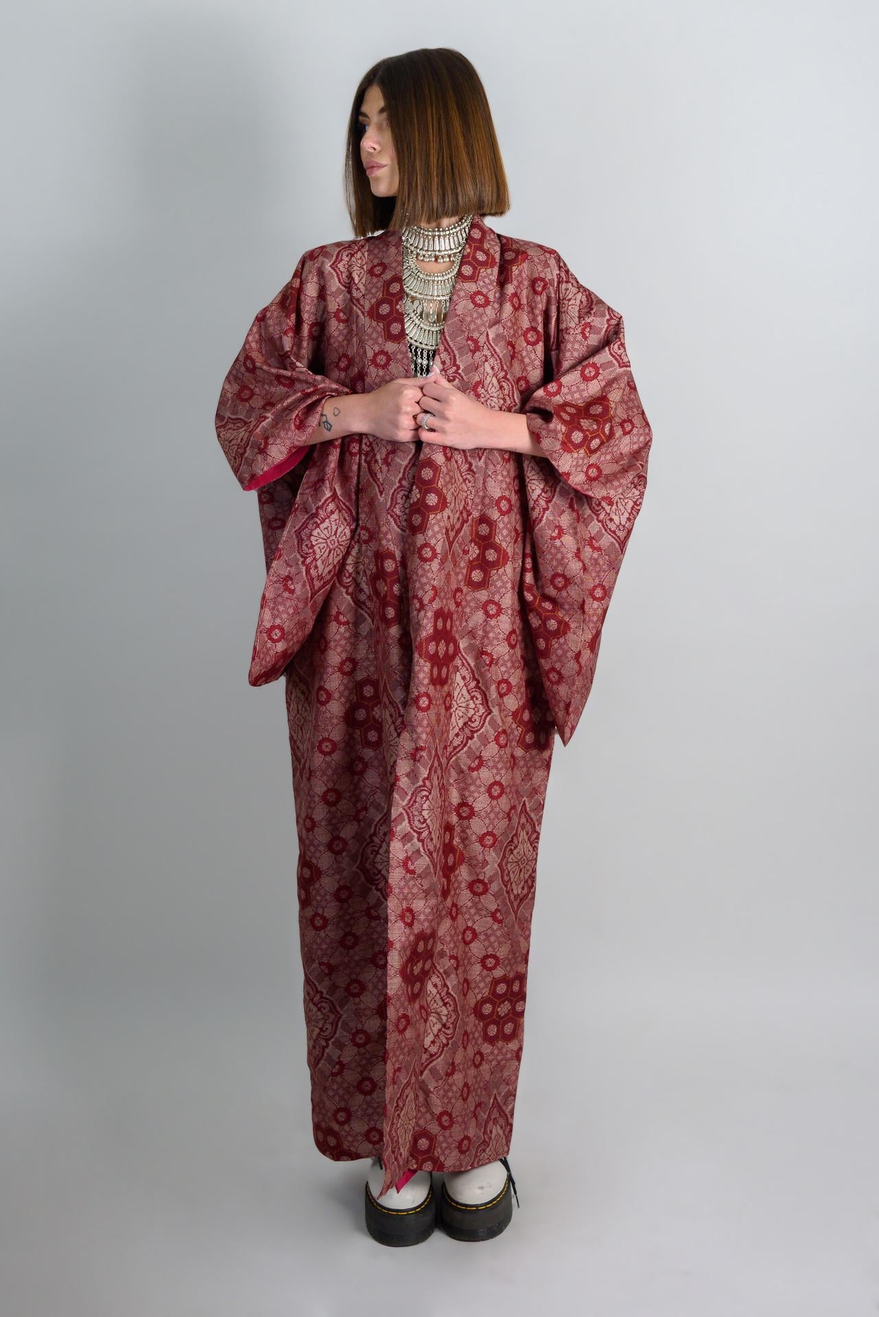 Handmade Crimson Silk Kimono: Japanese Boho Robe