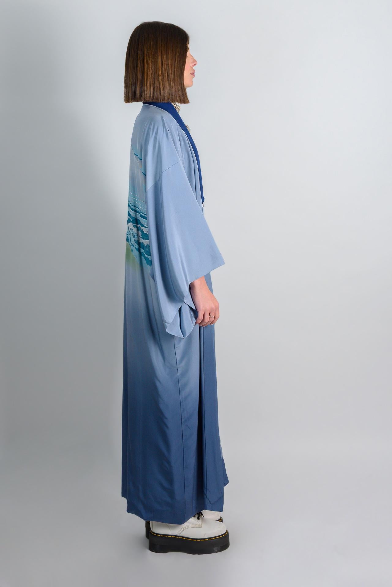 Handmade Silk Kimono Robe | Ukiyo-e Mount Fuji Print, Japanese Clothing