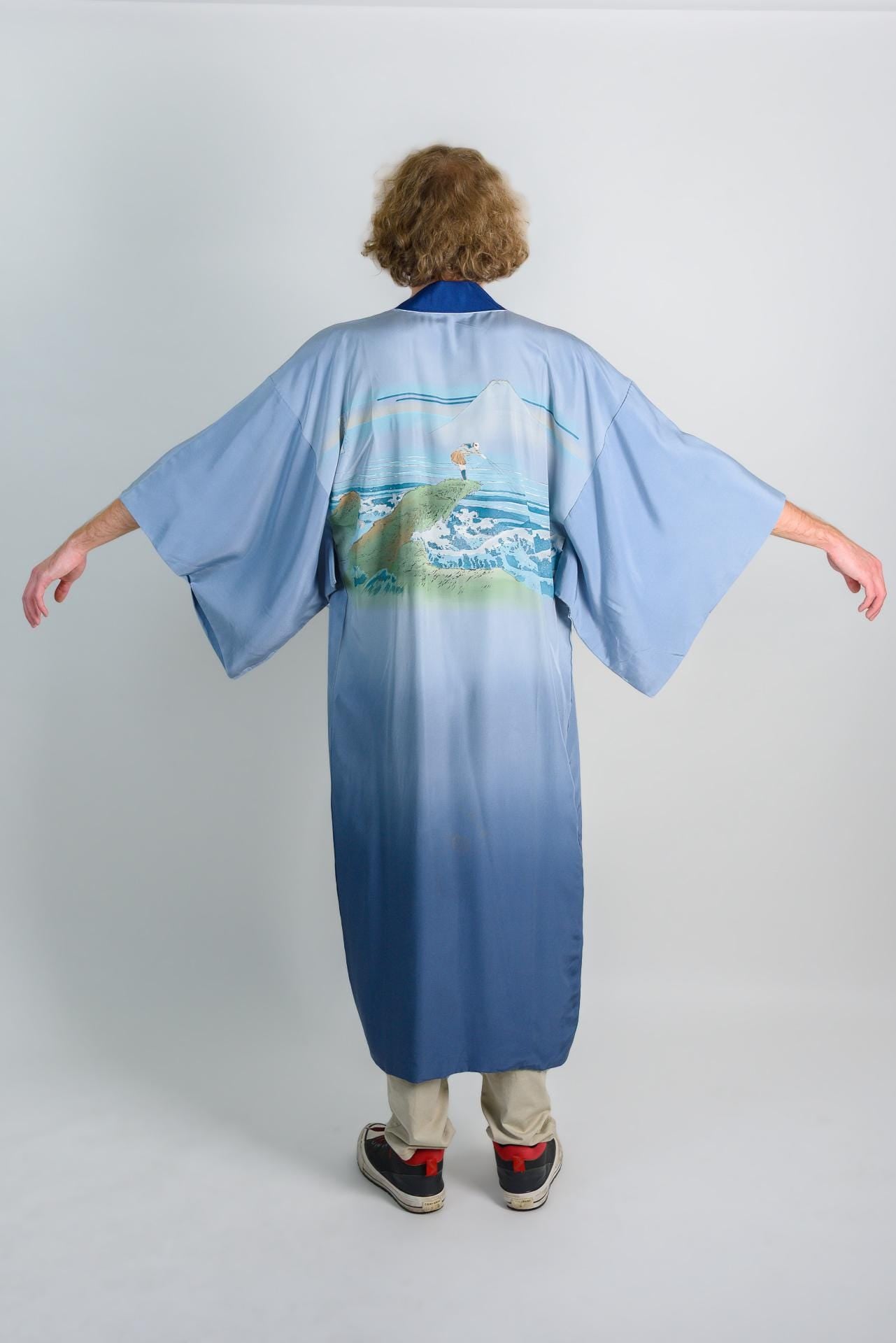 Handmade Silk Kimono Robe | Ukiyo-e Mount Fuji Print, Japanese Clothing