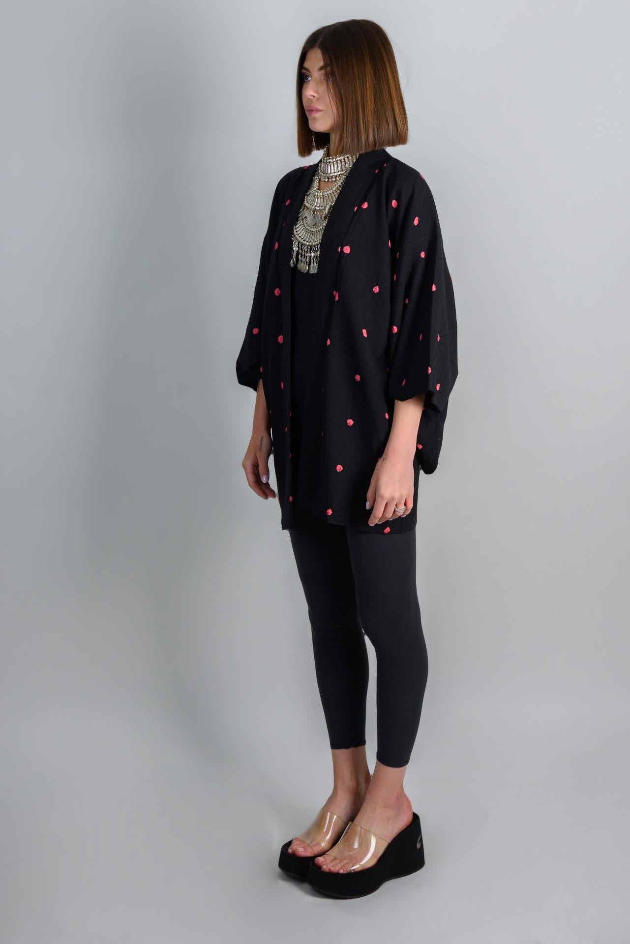 STRAWBERRY NIGHT ORACLE|silk kimono|haori jacket|boho robe|festival outfit|witchy clothing|dark academia|japanese fashion