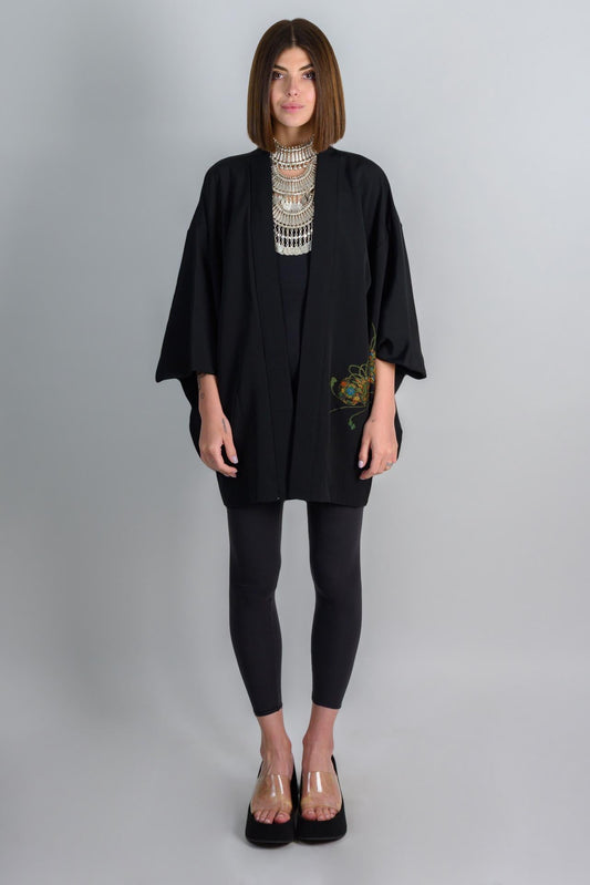ROYAL THREAD DANCER|silk kimono|black haori|boho robe|japanese jacket|festival fashion|vintage japan|spiritual clothing